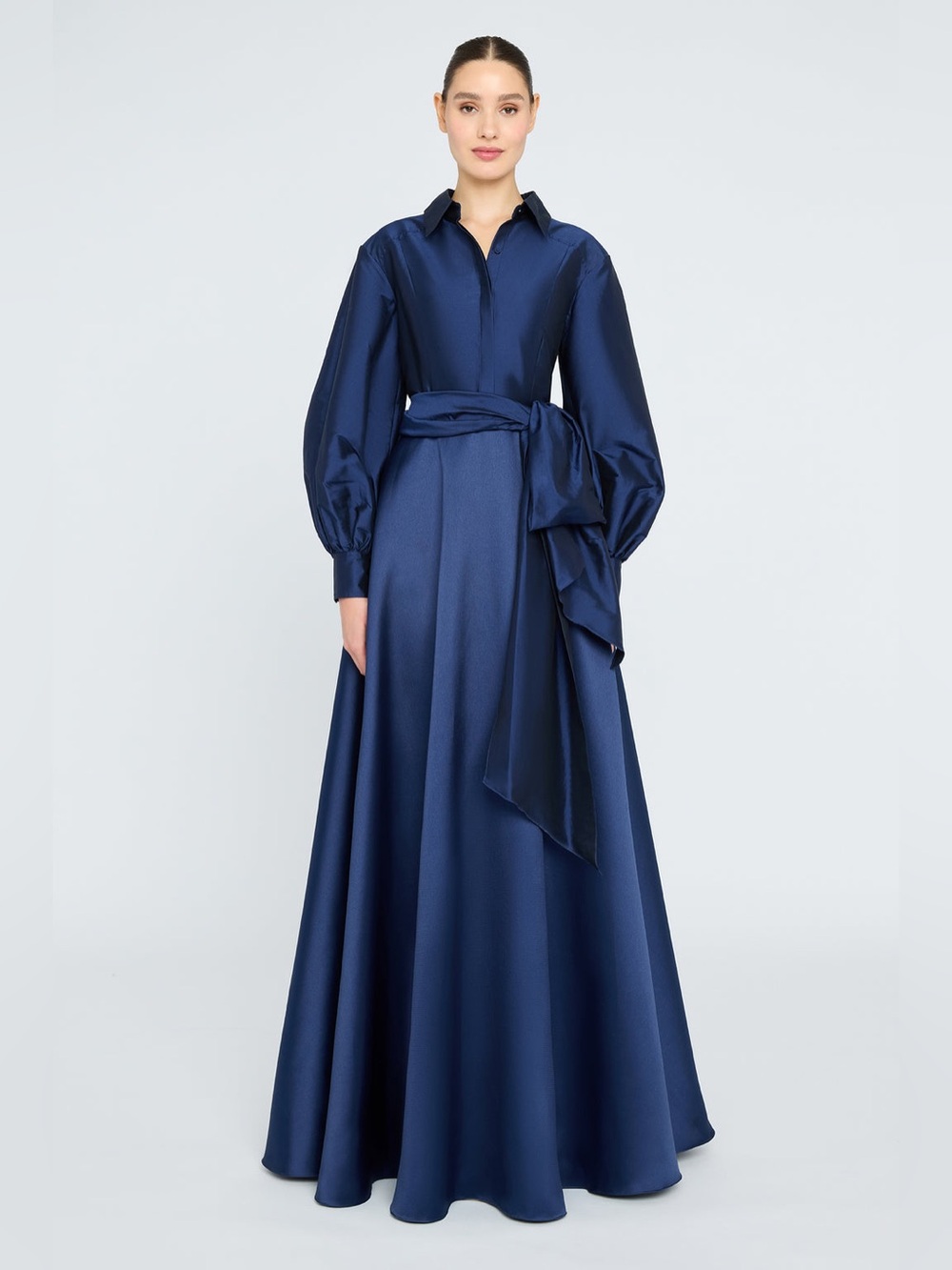 Theia Frieda Deep Navy Satin Maxi Shirt Dress with Waist Sash